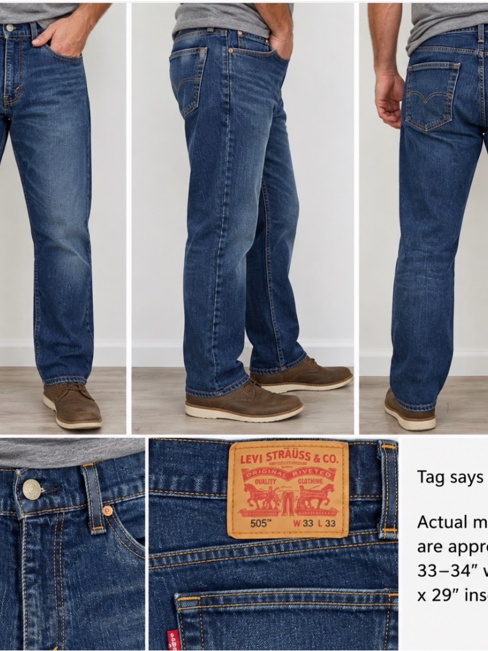 Levi’s 505 Men’s Jeans W33 L33 Actual 33-34x29 Straight Leg Blue Denim
